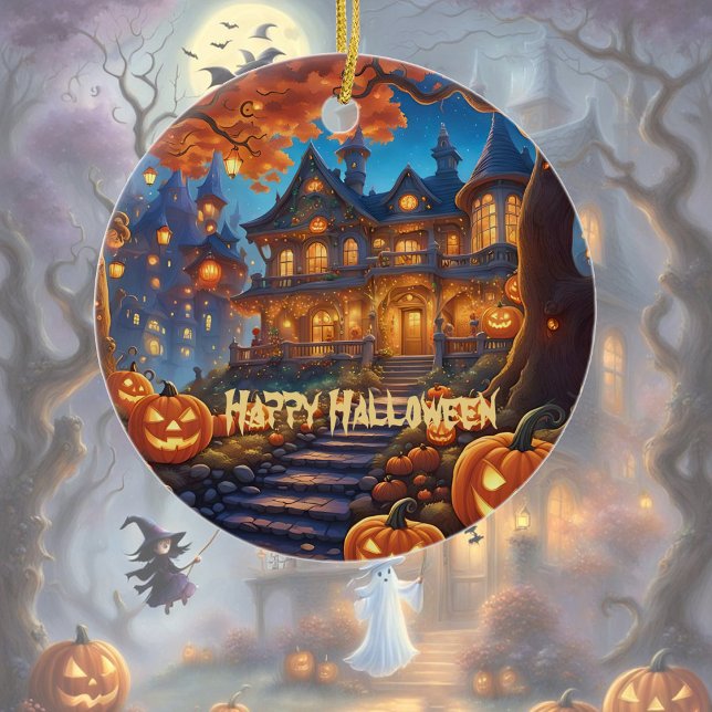 Spooky villa in the forest, pumpkins, Halloween Ceramic Ornament (Creator Uploaded)