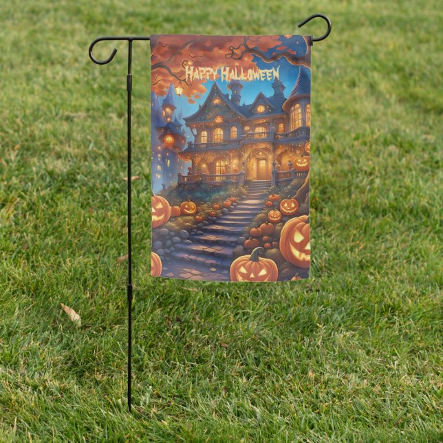 Spooky villa in the forest, pumpkins, Halloween Garden Flag (In SItu)