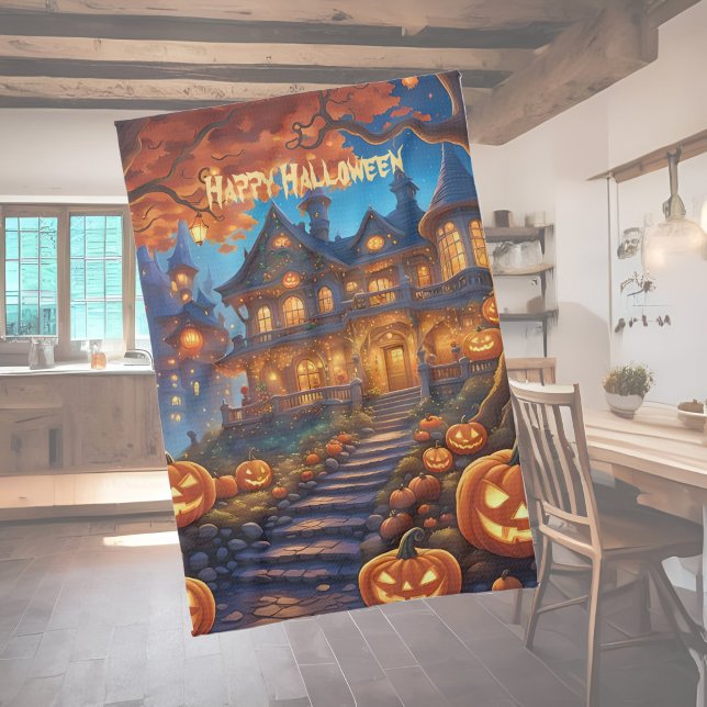 Spooky villa in the forest, pumpkins, Halloween Kitchen Towel (Creator Uploaded)