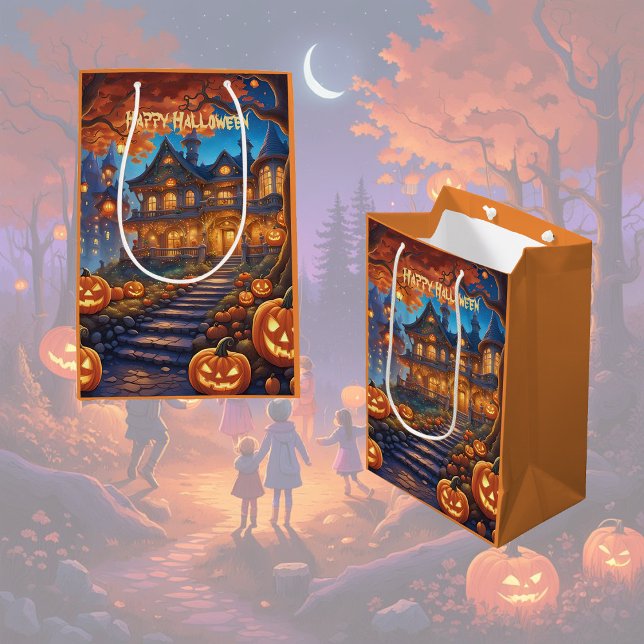 Spooky villa in the forest, pumpkins, Halloween Medium Gift Bag (Creator Uploaded)