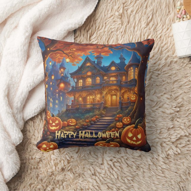 Spooky villa in the forest, pumpkins, Halloween Throw Pillow (Blanket)