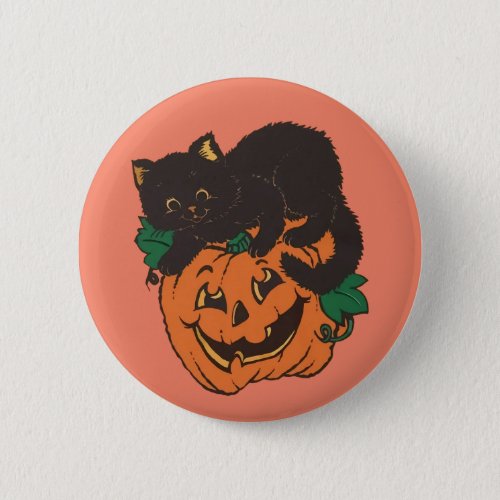 Spooky Vintage black cat and pumpkin  Button