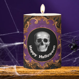 Spooky Vintage Hallloween Skull on Orange Damask Pillar Candle