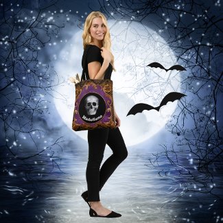 Spooky Vintage Hallloween Skull on Orange Damask