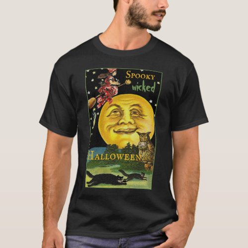 Spooky Vintage Halloween Moon Watching Witch T_Shirt