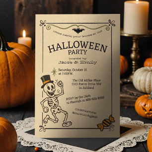 Spooky Vintage Halloween Party Retro Skeleton Invitation