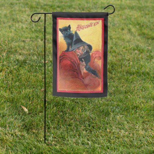 Spooky Vintage Halloween Witch with Black Cat Garden Flag