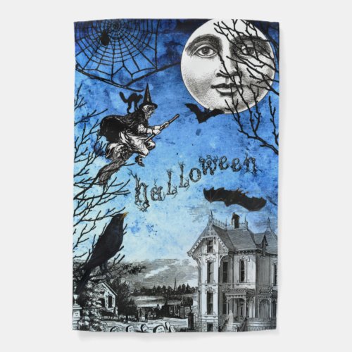 Spooky Vintage Haunted House  Witch on Broomstick Garden Flag