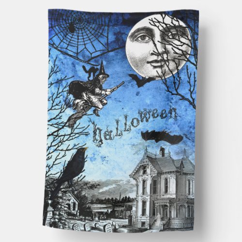 Spooky Vintage Haunted House  Witch on Broomstick House Flag