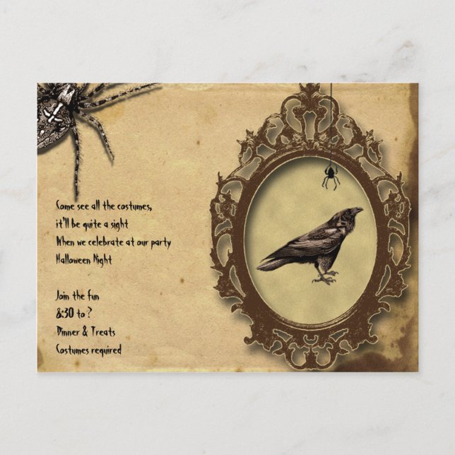 Spooky Vintage Raven and Spider Halloween Invite (Front)