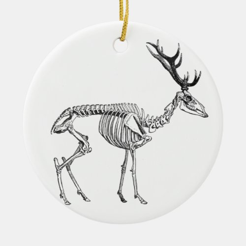 Spooky vintage skeleton reindeer drawing ceramic ornament