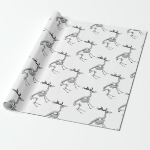 Spooky vintage skeleton reindeer drawing wrapping paper