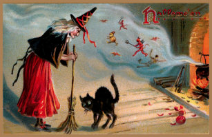 Spooky Vintage Witch with Black Cat and Devils Doormat