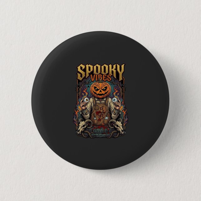 Spooky Vires Halloween Pumpkin Head Holding Eyebal Button (Front)