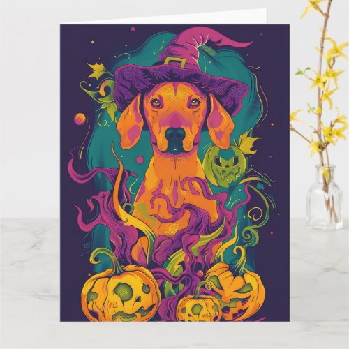 Spooky Vizsla Dog Halloween Witch And Pumpkin Card