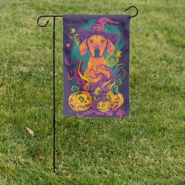 Spooky Vizsla Dog Halloween Witch And Pumpkin Garden Flag (In SItu)