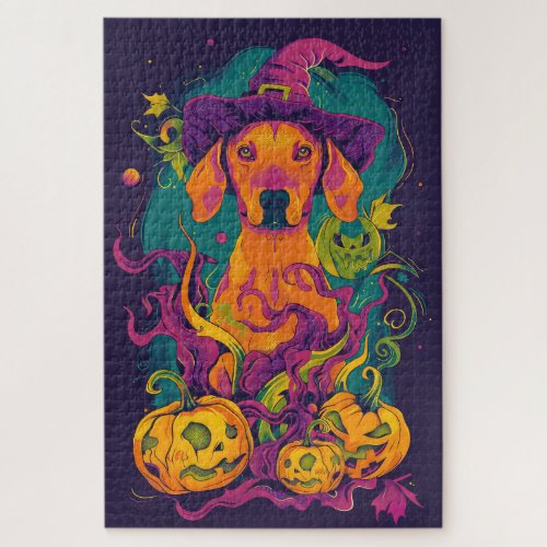 Spooky Vizsla Dog Halloween Witch And Pumpkin Jigsaw Puzzle