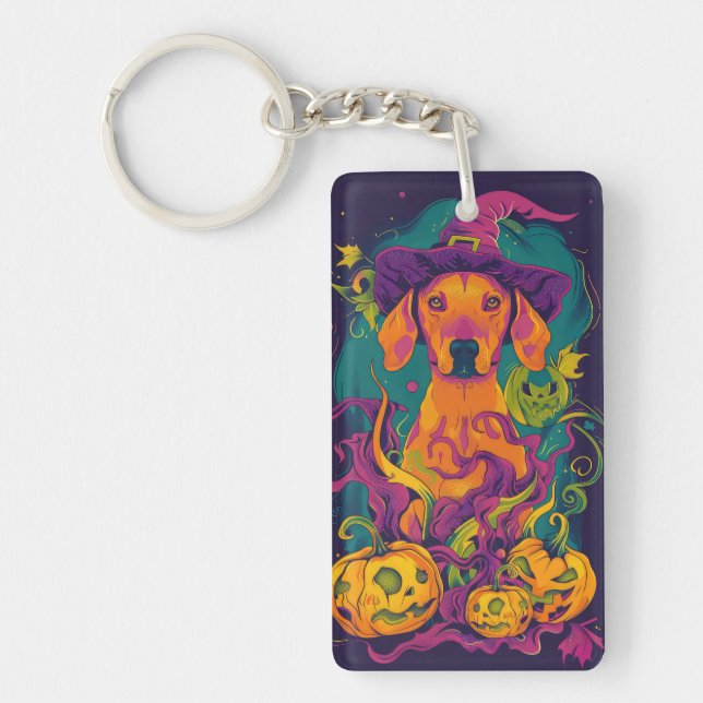 Spooky Vizsla Dog Halloween Witch And Pumpkin Keychain (Front)