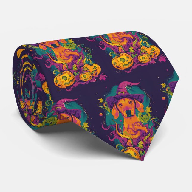 Spooky Vizsla Dog Halloween Witch And Pumpkin Neck Tie (Rolled)