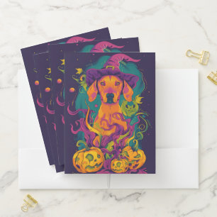 Spooky Vizsla Dog Halloween Witch And Pumpkin Pocket Folder