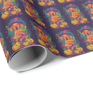 Spooky Vizsla Dog Halloween Witch And Pumpkin Wrapping Paper