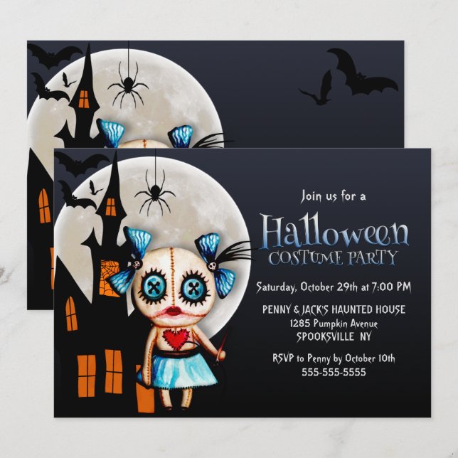 Spooky Voodoo Doll Halloween Costume Party Invitation (Front/Back)