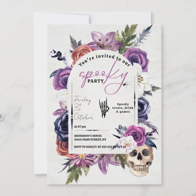 Spooky Watercolor Flowers Halloween Invitation (Front)