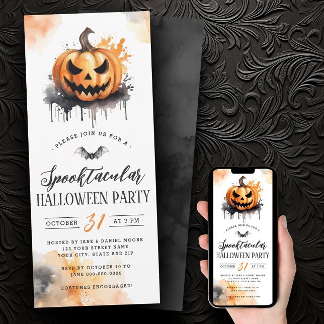 Spooky watercolor Jack-o-Lantern Halloween party Invitation (Spooky watercolor Jack-o-Lantern Halloween party Invitation)
