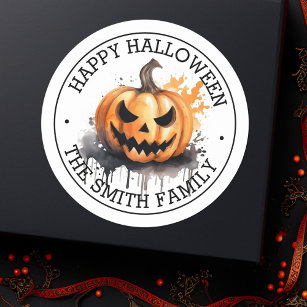 Spooky watercolor Jack-o-Lantern Happy Halloween Classic Round Sticker