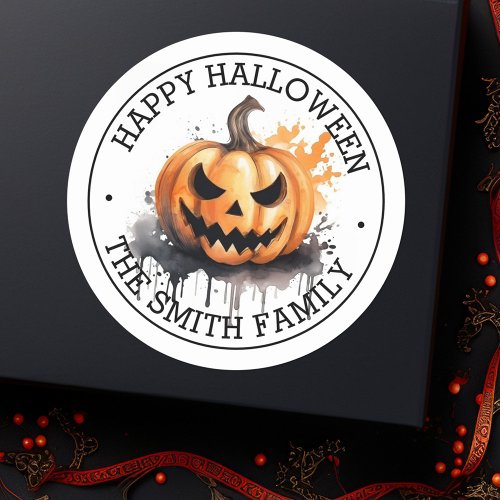 Spooky watercolor Jack_o_Lantern Happy Halloween Classic Round Sticker