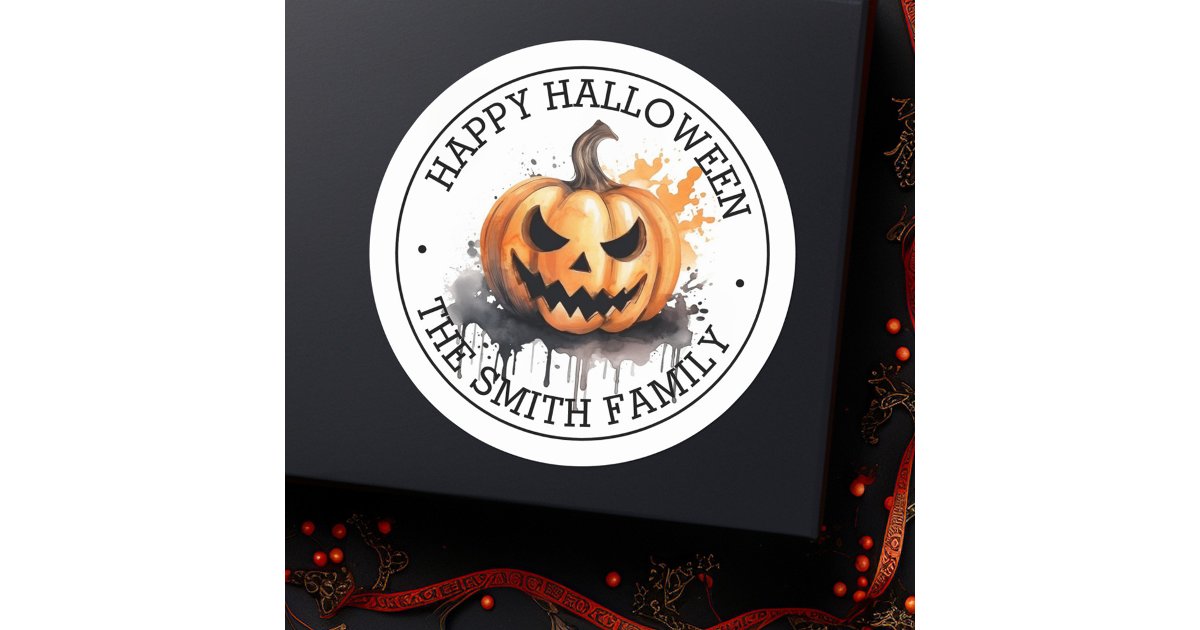 Spooky watercolor Jack-o-Lantern Happy Halloween Classic Round Sticker ...