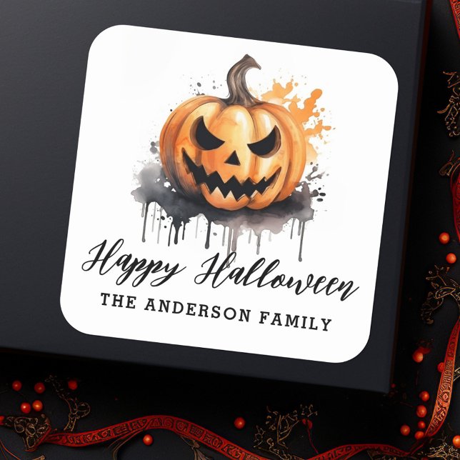 Spooky watercolor Jack-o-Lantern Happy Halloween Square Sticker (Spooky watercolor Jack-o-Lantern Happy Halloween Square Sticker)
