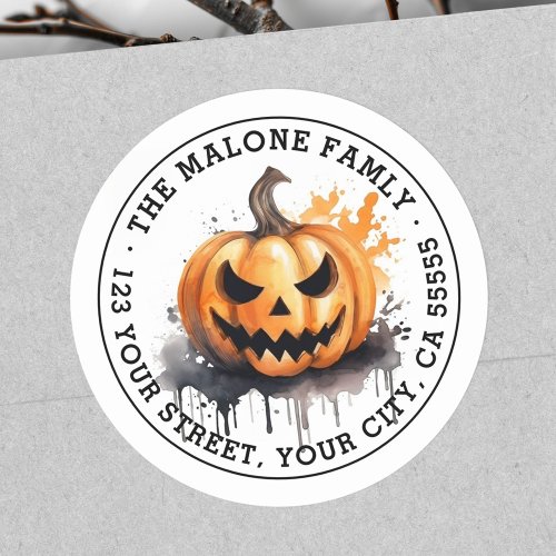 Spooky watercolor Jack_o_Lantern return address Classic Round Sticker