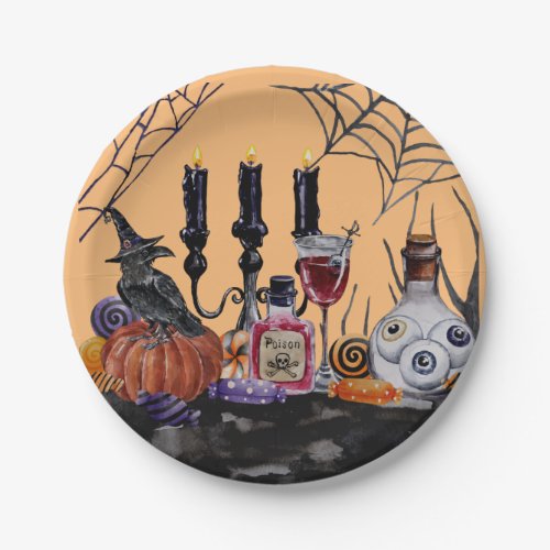 Spooky Watercolor Pumpkin Spider Halloween Party Paper Plates