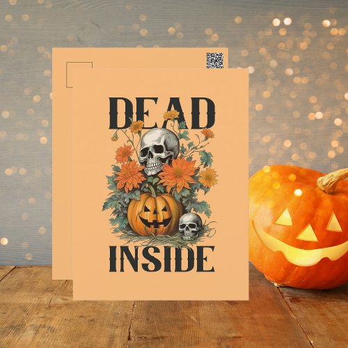 Spooky Watercolor Skeleton and Pumpkin Halloween Postcard