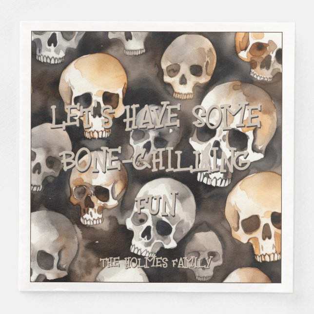 Spooky Watercolor Skulls Halloween Monogram Paper Dinner Napkins (Front)