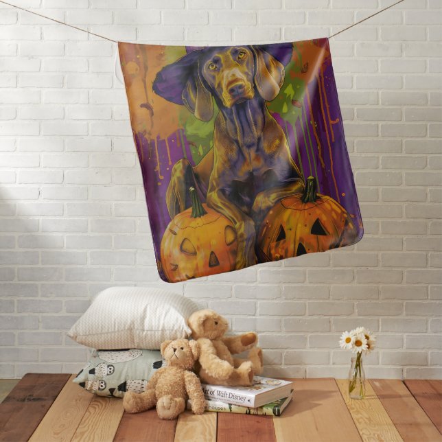 Spooky Weimaraner Dog Halloween Witch And Pumpkin  Baby Blanket (In Situ)