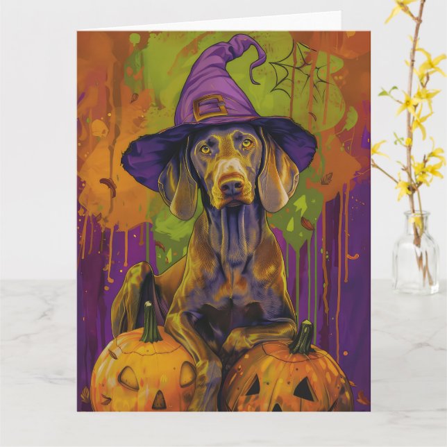 Spooky Weimaraner Dog Halloween Witch And Pumpkin  Card (Yellow Flower)