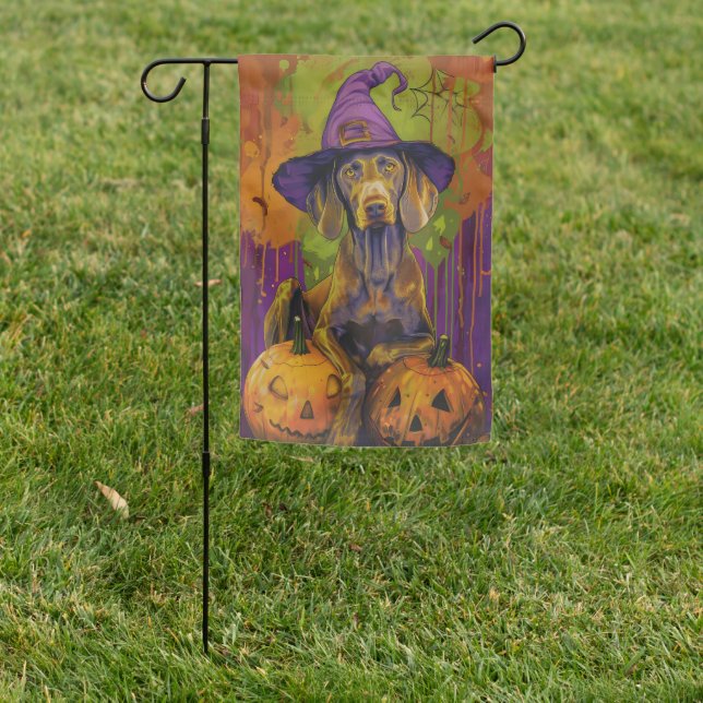 Spooky Weimaraner Dog Halloween Witch And Pumpkin  Garden Flag (In SItu)