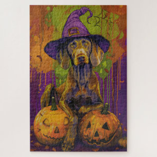 Spooky Weimaraner Dog Halloween Witch And Pumpkin Jigsaw Puzzle