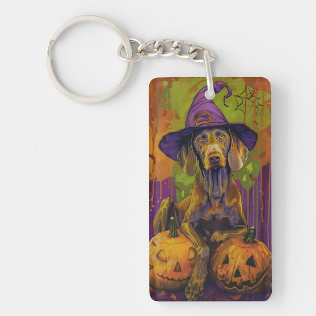 Spooky Weimaraner Dog Halloween Witch And Pumpkin  Keychain (Front)