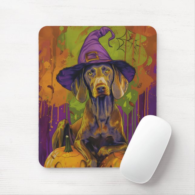 Spooky Weimaraner Dog Halloween Witch And Pumpkin  Mouse Pad (With Mouse)