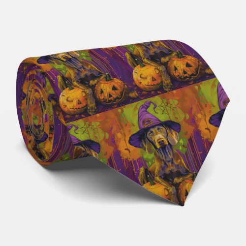 Spooky Weimaraner Dog Halloween Witch And Pumpkin  Neck Tie