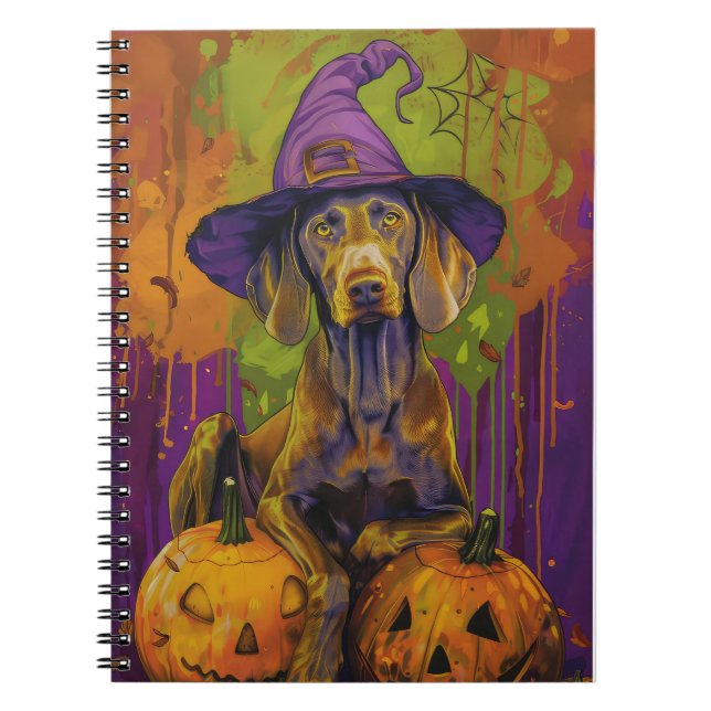 Spooky Weimaraner Dog Halloween Witch And Pumpkin  Notebook (Front)