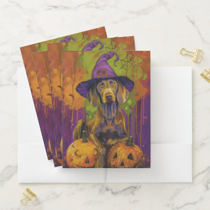 Spooky Weimaraner Dog Halloween Witch And Pumpkin Pocket Folder