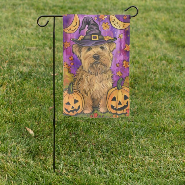 Spooky Wheaten Terrier Dog Halloween Witch Pumpkin Garden Flag (In SItu)
