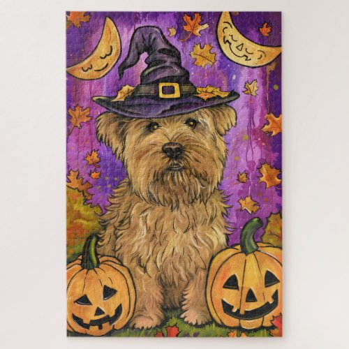 Spooky Wheaten Terrier Dog Halloween Witch Pumpkin Jigsaw Puzzle