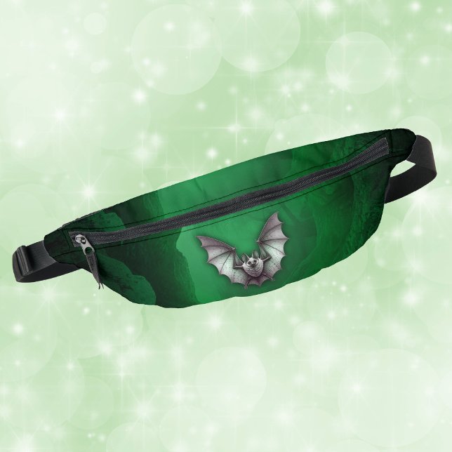 Spooky White Bat Glowing Green Cave Black Fanny Pack (Spooky Gothic white bat flying out of green glowing cave on fanny pack.)