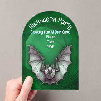 Spooky White Bat Glowing Green Cave Halloween Acrylic Invitations