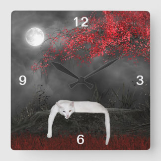 Spooky white cat square wall clock